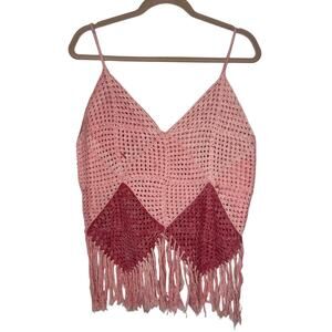 Handmade Pink Crochet Open Knit Fringe Hem Boho Festival Tank Top Size XS